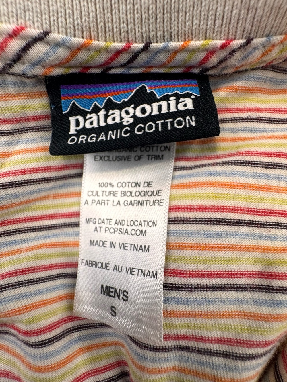 Patagonia Polo Men Small Beige Multicolored Striped Short Sleeve Hiking Outdoor - Picture 2 of 10